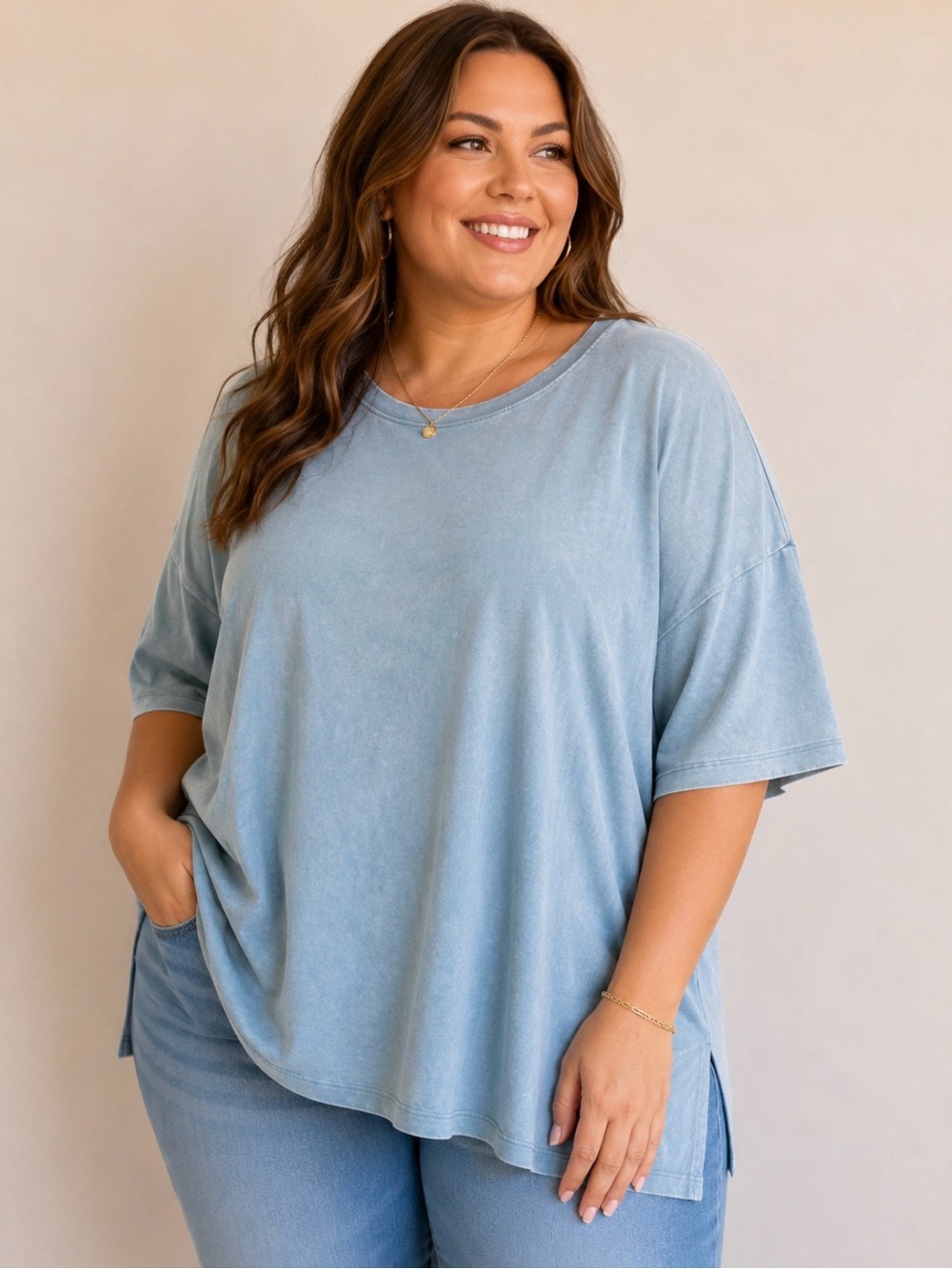 Zenana Oversized Boyfriend Tee Dusty Blue Mineral Wash T-Shirt 2X/3X NWT